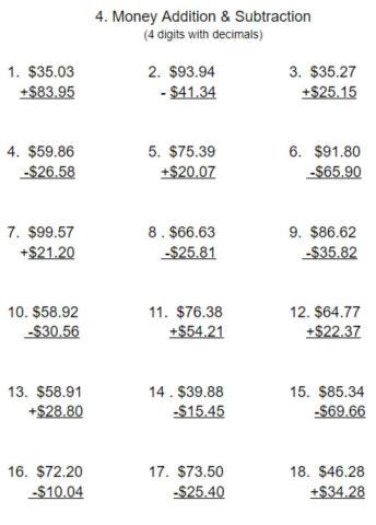 4. Money addition and subtraction - 4 digits with decimals