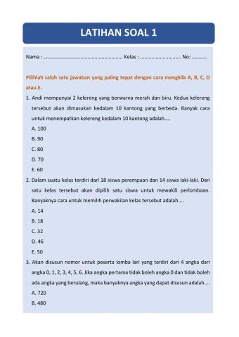 Latihan Soal 1 Kaidah Pencacahan