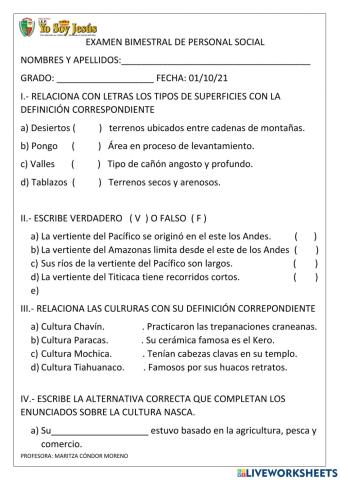 Evaluación de Personal Social 4° grado