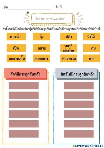 ใบงานการจำแนกสัตว์