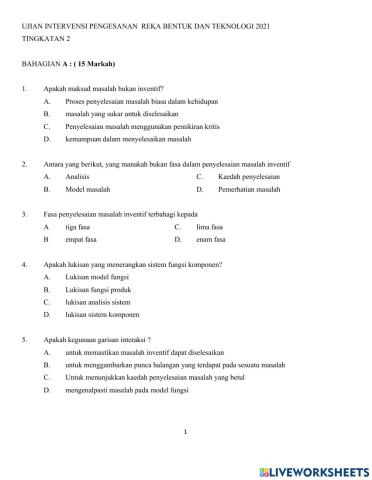 Ujian intervensi pengesanan reka bentuk dan teknologi tingkatan 2  2021
