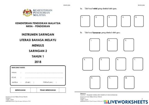 Instrumen saringan MENULIS literasi tahun 1 2018