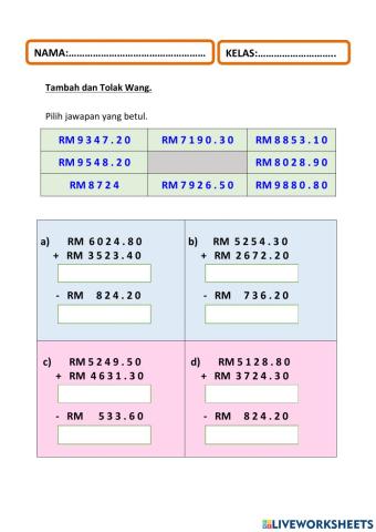 Tambah dan tolak matematik wang