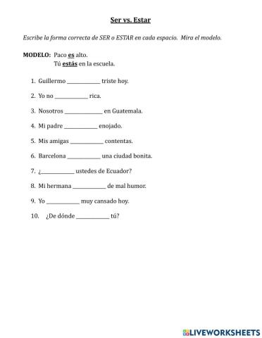 Ser vs. Estar Worksheet