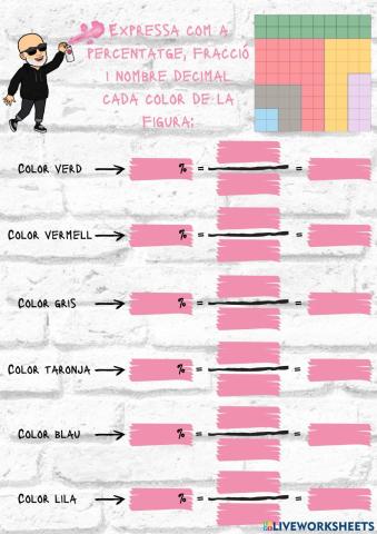 Expressa com a percentatge, fracció i nombre decimal cada color de la figura.