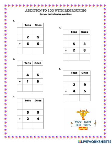 Addition to 100 with regrouping