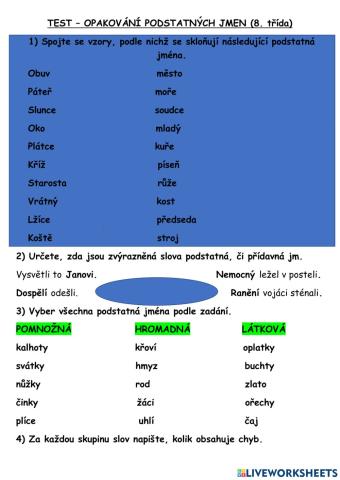 Test podstatná jména (podle uč. ČJ pro 8. roč. Nová škola duha)