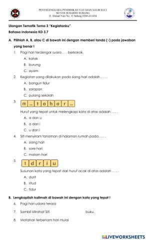 Ulangan Bahasa Indonesia Tema 3 Kegiatanku