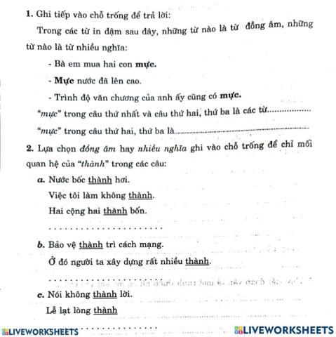 Ôn tập từ đồng âm, từ nhiều nghĩa, từ đồng nghĩa