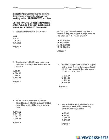 Multiply Decimals Word Problems