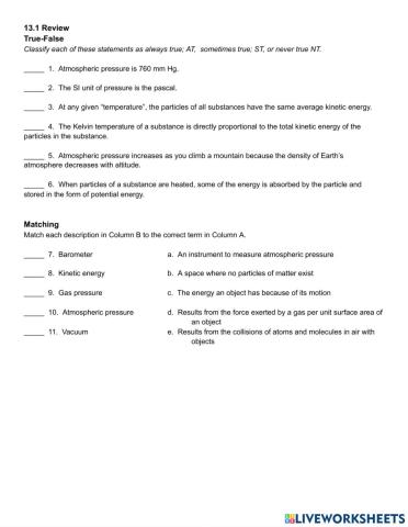 13.1 Review Worksheet Chemistry