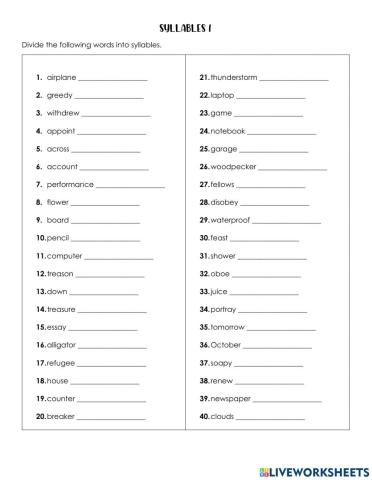 Syllables Worksheet 1