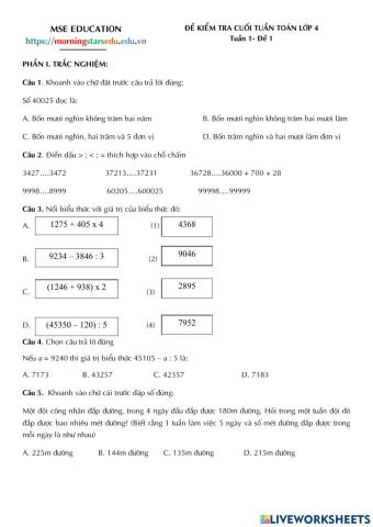 Toán 4 - Tuần 1