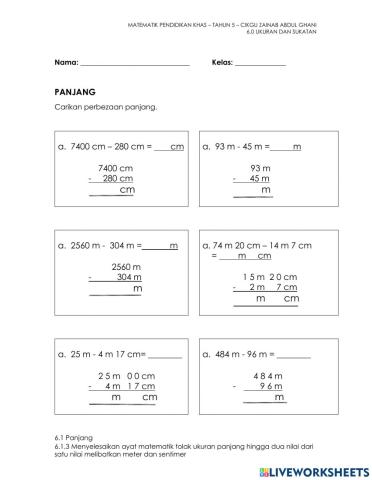 Menyelesaikan ayat matematik tolak ukuran panjang hingga dua nilai dari satu nilai melibatkan meter dan sentimer