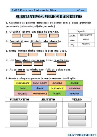 Adjetivos, Substantivos e Verbos