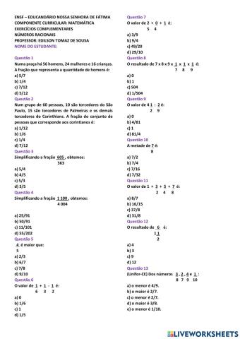 Exercícios complementares de matemática