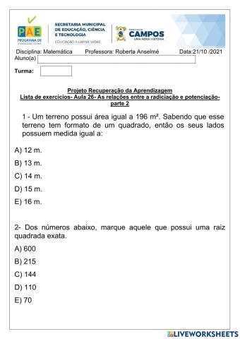 Relações entre radiciação e multiplicação