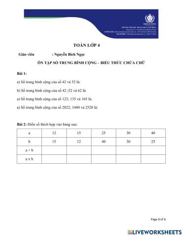 4A - Số TBC , biểu thức chứa chữ