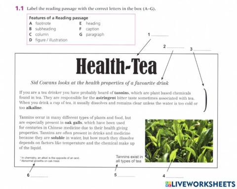 Label the reading passage with the correct letters in the box (A-G)