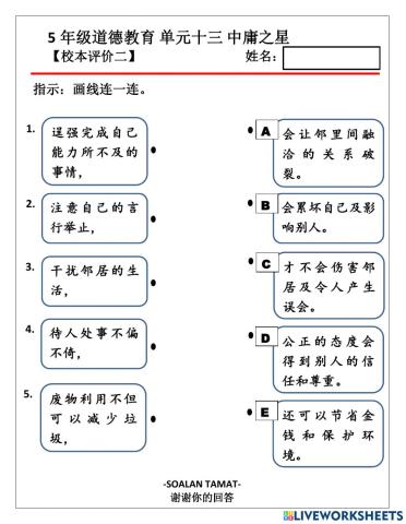 5年级道德教育-单元十三 中庸之星 校本评价二