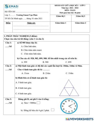 Khảo sát GHK1 toán lớp 3