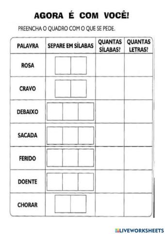 Leia as palavras da cantiga, separe elas em sílabas e anote o total de sílabas e letras que cada palavra tem.