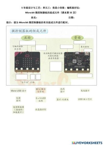 5年级设计与工艺：单元三：我是小创客：编程真好玩： Micro:bit微控制器板的组成元件（课本第55页）