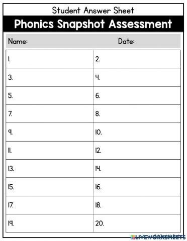 Phonics snapshot assessment sheet