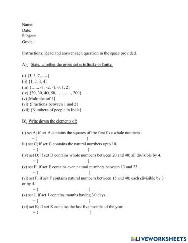 Grade 6: Sets Worksheet