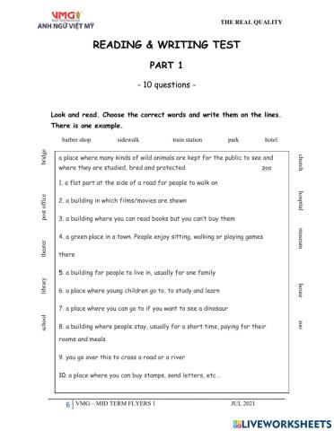 Flyers 1 - Midterm test - Reading&Writing