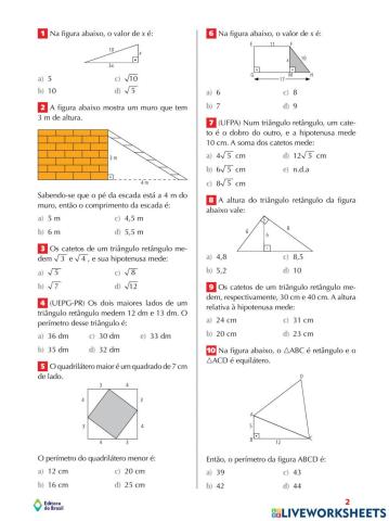 Atividade sobre relações métricas no triãngulo retângulo