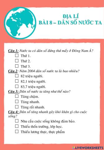 Địa lí lớp 5 bài 8 Dân số nước ta