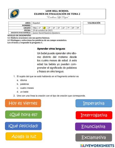 Examen de finalización de tema 2 grado 2°