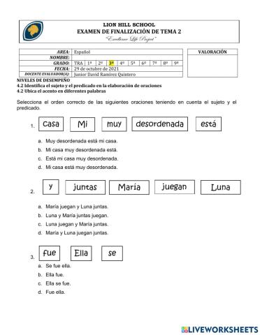 Examen de finalización de tema 2 grado 3°