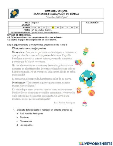 Examen de finalización de tema 2 grado 4°