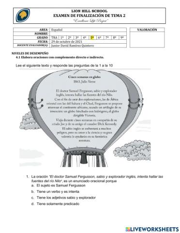 Examen de finalización de tema 2 grado 5°