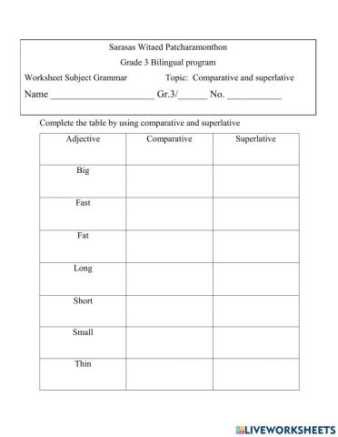 Comparative and superlative table Grade 3