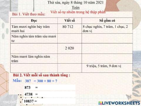 Toán thứ sau 8-10-2021