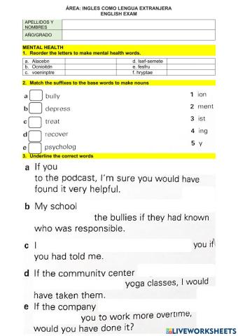 Evaluacion ingles 5to secundaria