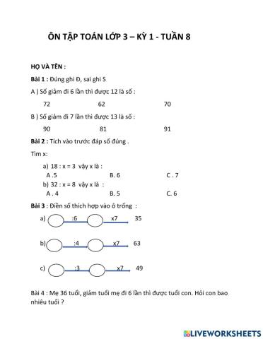 Ôn tập toán lớp 3-kỳ 1- tuần 8