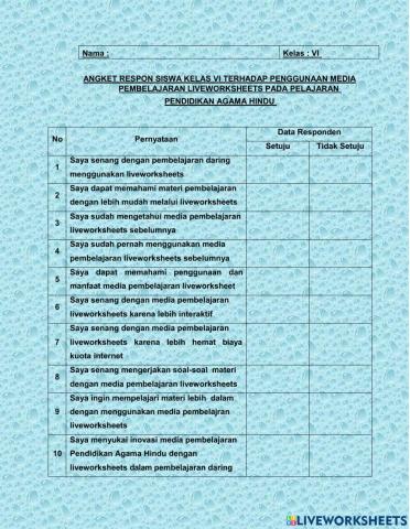 Angket minat belajar Pendidikan agama hindu melalui liveworksheets