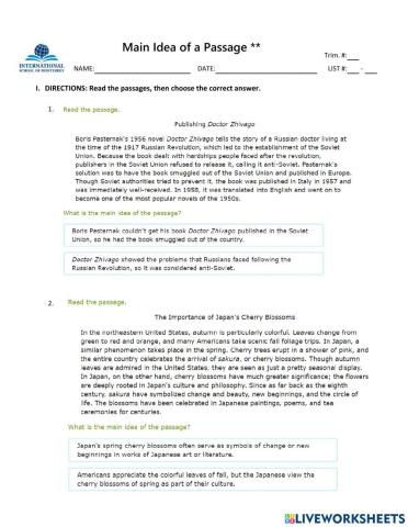 Main Idea of Passage Ixl 7-12