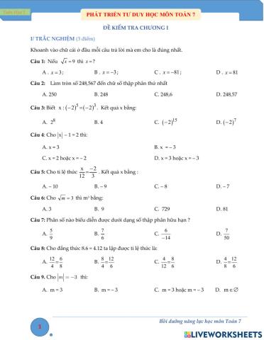 Toán 7-Kiểm tra chương 1