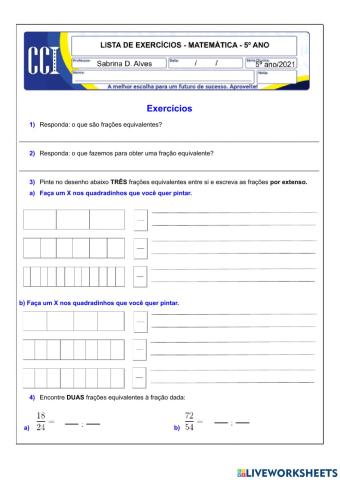 Lista de Exercícios - Matemática - 5º ano - CCI