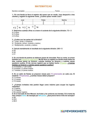 Ejercicio especial matematicas