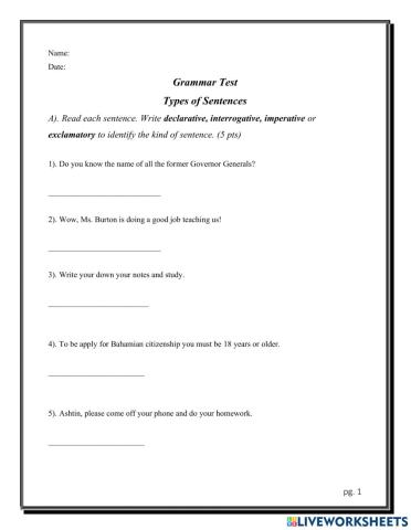 Type of Sentences Quiz