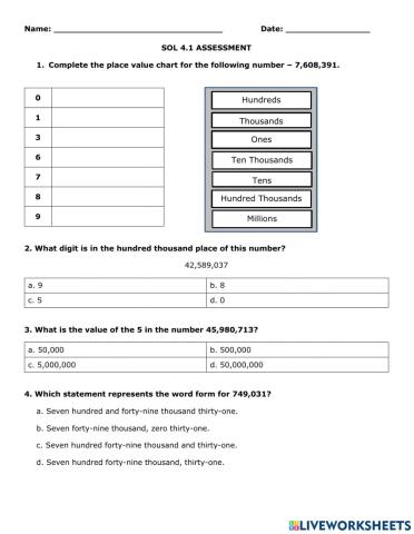 SOL 4.1 Whole Number Place Value Assessment