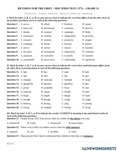 Revision for the first - mid term test ( n01) – grade 11