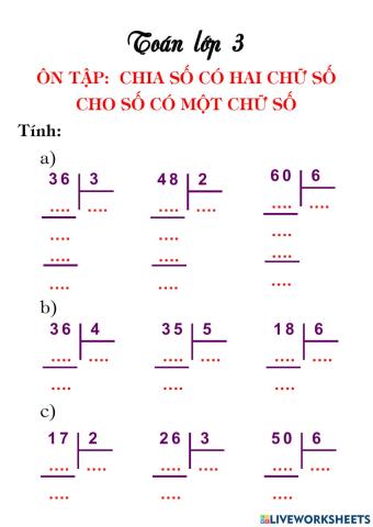 Toán 3 Ôn cách chia số có 2 chữ số cho số có 1 chữ số