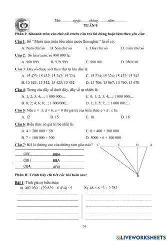 BTCT Toán 4 Tuần 9